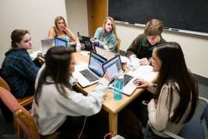 Wake Forest students study for final examinations in the Z. Smith Reynolds Library on Wednesday, December 11, 2013. Students use a group study room to prepare for a biology exam.